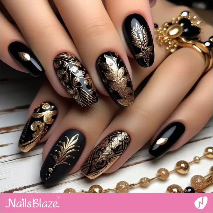 Elegant Black and Gold Chinese New Year's Nails | 2024 Nails - NB3728